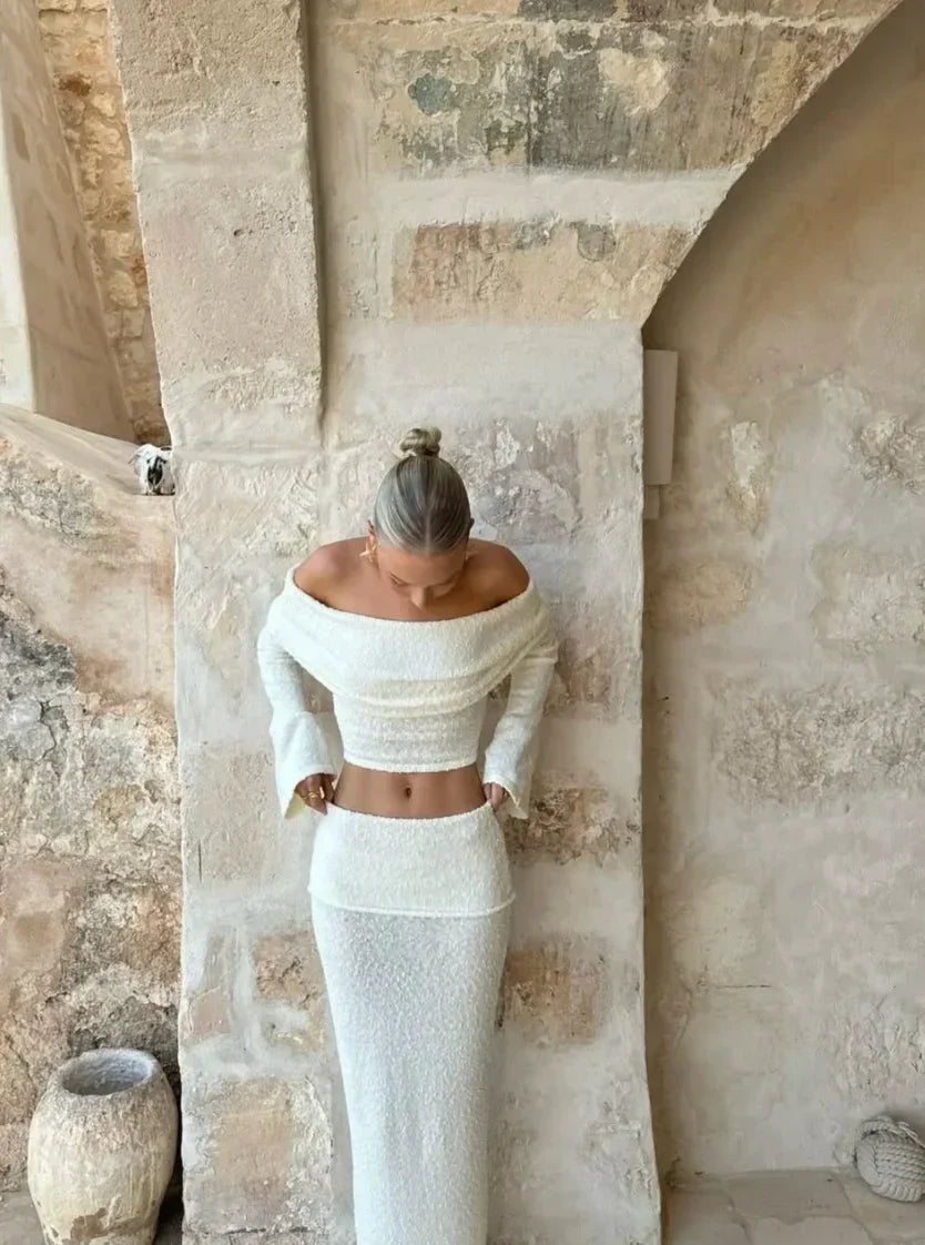 Women's Off-The-Shoulder Two-Piece Set Shimmering White