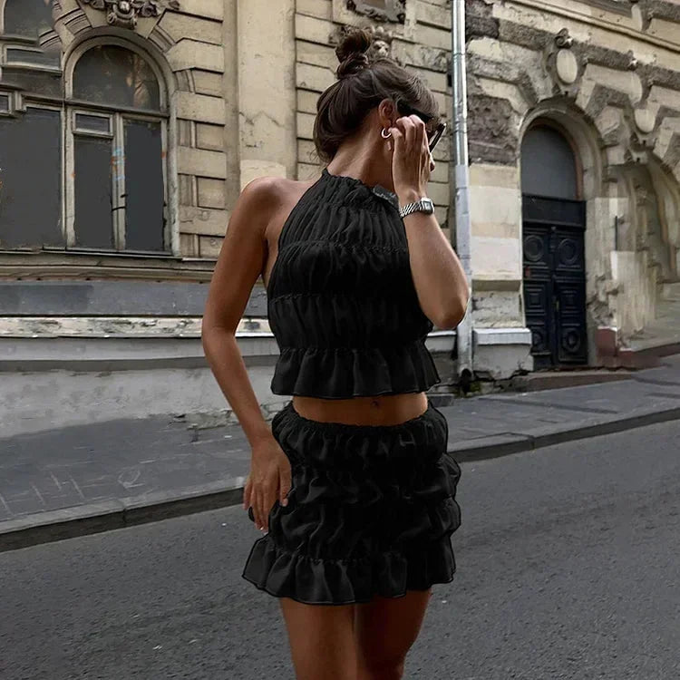 Women's Two-Piece Pleated Halter Neck Outfit