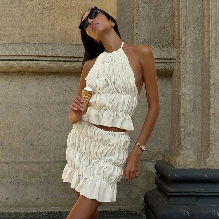 Women's Two-Piece Pleated Halter Neck Outfit - Vonnera