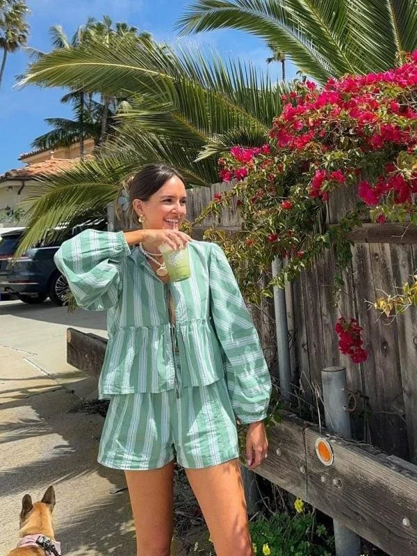 Women's Green Striped Blouse And Shorts Set - Vonnera