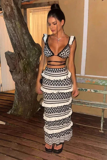 Women's Geometric Pattern Long Skirt Set Black White - Vonnera