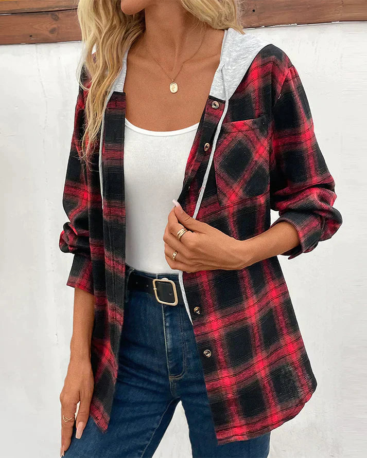 Women's Hooded Checkered Jacket Wool Blend Fall Winter