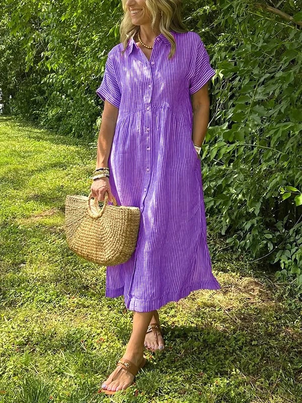 Women's Casual Midi Dress Short Sleeve Button Front