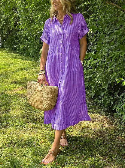 Women's Casual Midi Dress Short Sleeve Button Front