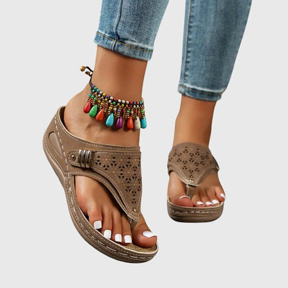 Women's Wedge Sandals Laser Cut Toe Loop Brown