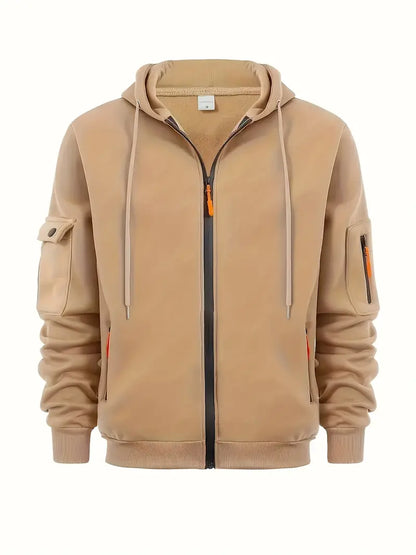 Men's Zip-Up Hoodie Cotton Drawstring Hood Functional Pockets