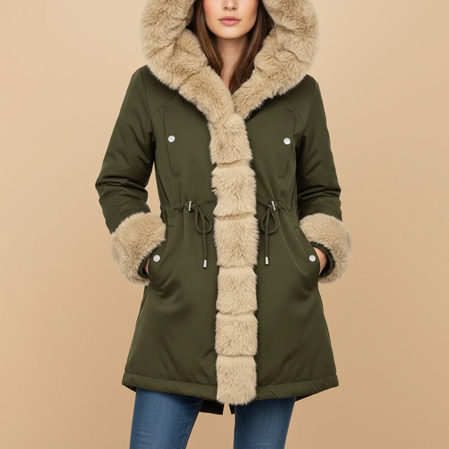 Women's Hooded Winter Jacket Faux Fur Trim - Vonnera