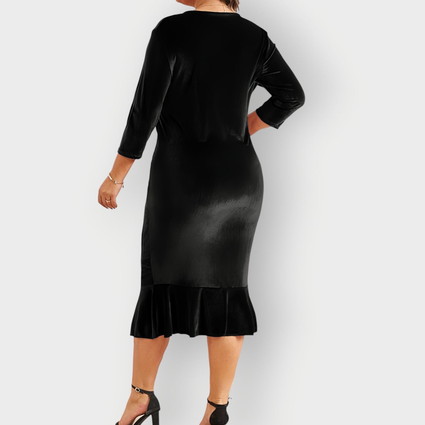 Women's Velvet Midi Dress Ruffle Detail Navy