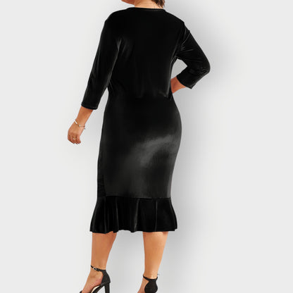 Women's Velvet Midi Dress Ruffle Detail Navy