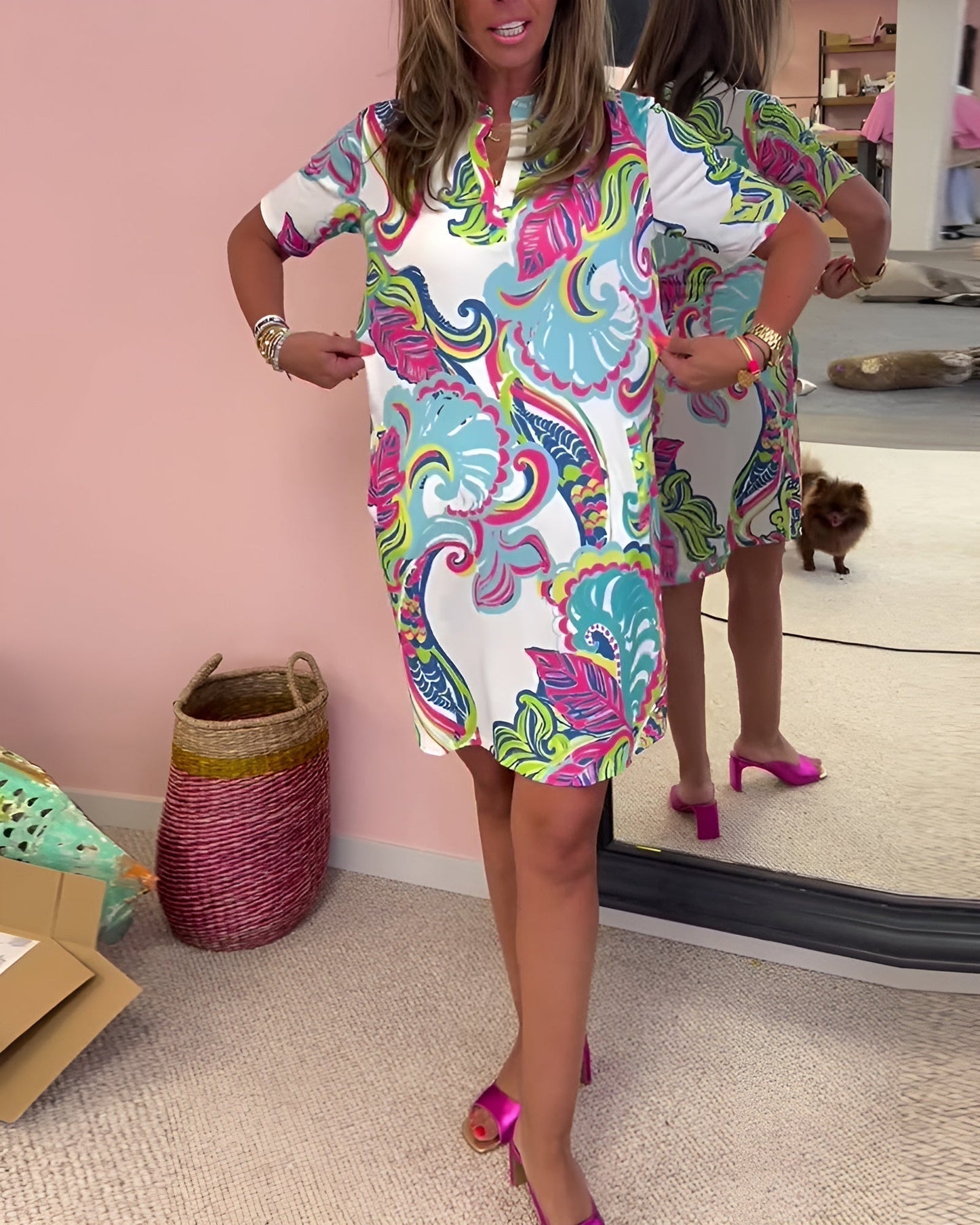 Women's V Neck Tummy Control Printed Dress Casual Summer