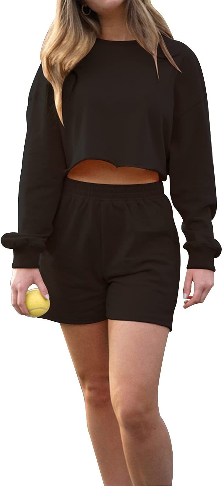 Women's Long-Sleeved Sweater Sports Set Solid Black Shorts - Vonnera