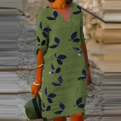 Women's Fall Leaf Print Maxi Dress Flowing Silhouette