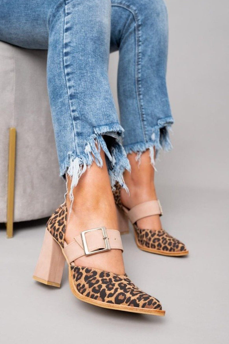 Women's Block Heels Buckle Strap Leopard - Vonnera