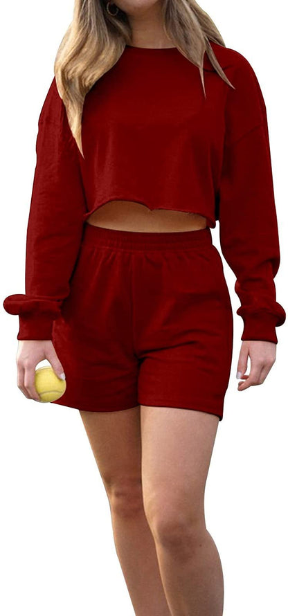 Women's Long-Sleeved Sweater Sports Set Solid Black Shorts