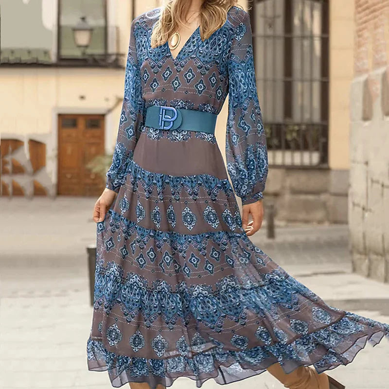 Women's V-Neck Long Sleeve Maxi Dress - VibreMode