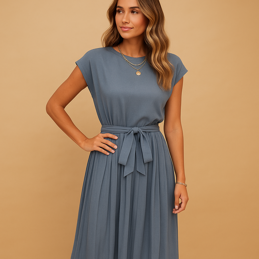 Fitted summer midi or maxi dress for women with tailored waist and breathable fabric, ideal for weddings, vacations, and summer parties.