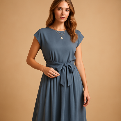 Fitted summer midi or maxi dress for women with tailored waist and breathable fabric, ideal for weddings, vacations, and summer parties.