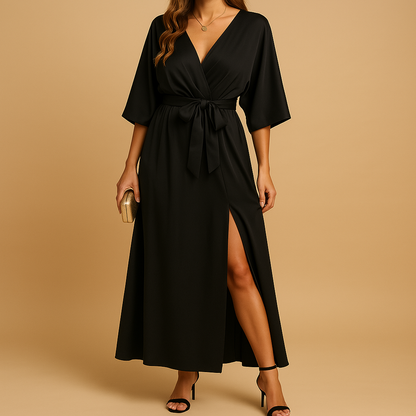Flattering V-neck smart casual dress for women with an elegant tailored cut, suitable for everyday outfits and special occasions.