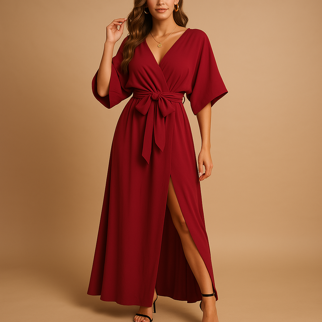 Flattering V-neck smart casual dress for women with an elegant tailored cut, suitable for everyday outfits and special occasions.