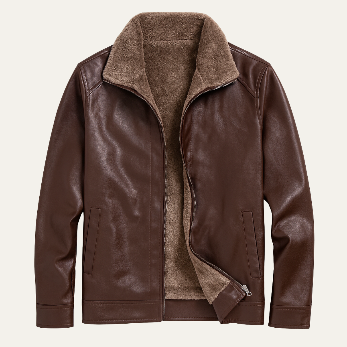 Men's Leather Zip Up Jacket Fleece Lined Coat - Vonnera