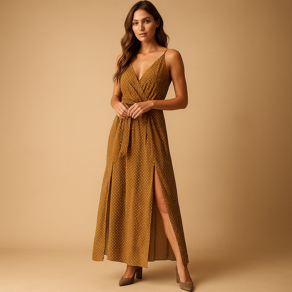 Floral beach maxi dress for women with V-neck and adjustable waist tie, ideal for summer vacations and seaside outings.