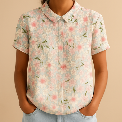 Women’s floral blouse with relaxed fit and breathable fabric, featuring a multicolor flower print for casual and warm-weather outfits.