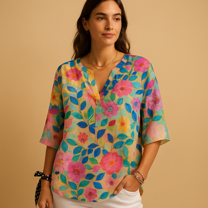 Women’s floral button-up blouse with a classic collar, airy fit and soft floral patterns, ideal for casual, business and summer outfits.