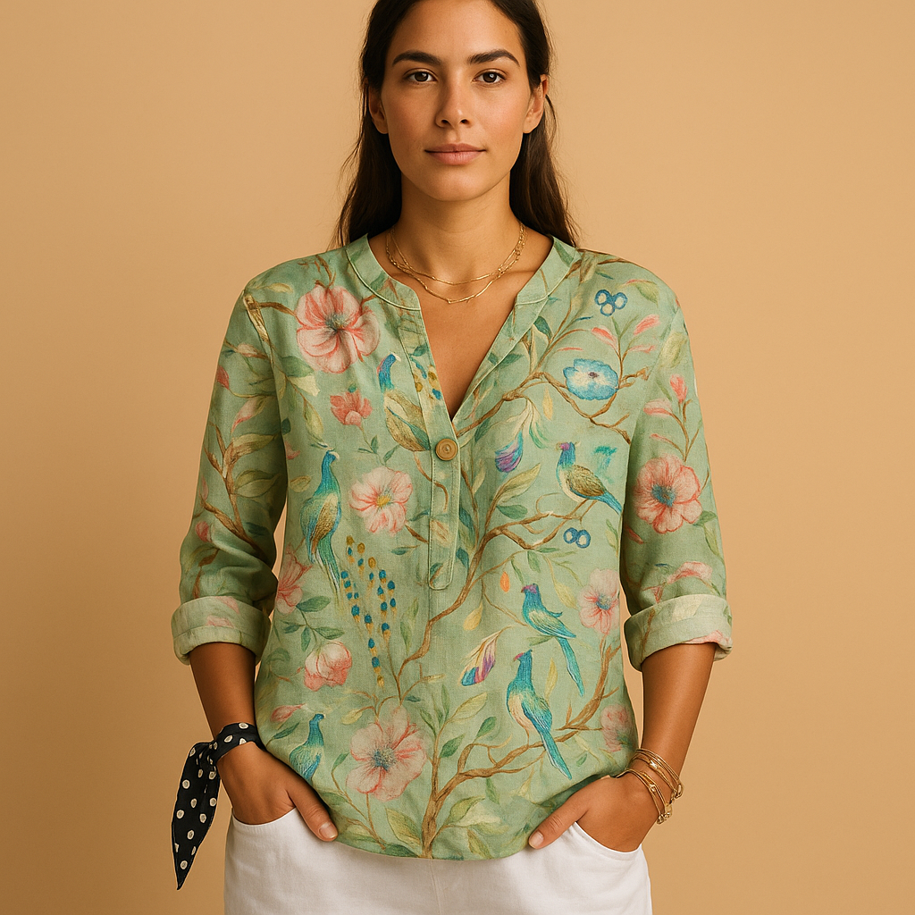 Floral button-up blouse for women with a relaxed fit and classic collar, suitable for summer wear, casual outfits, and stylish occasions.