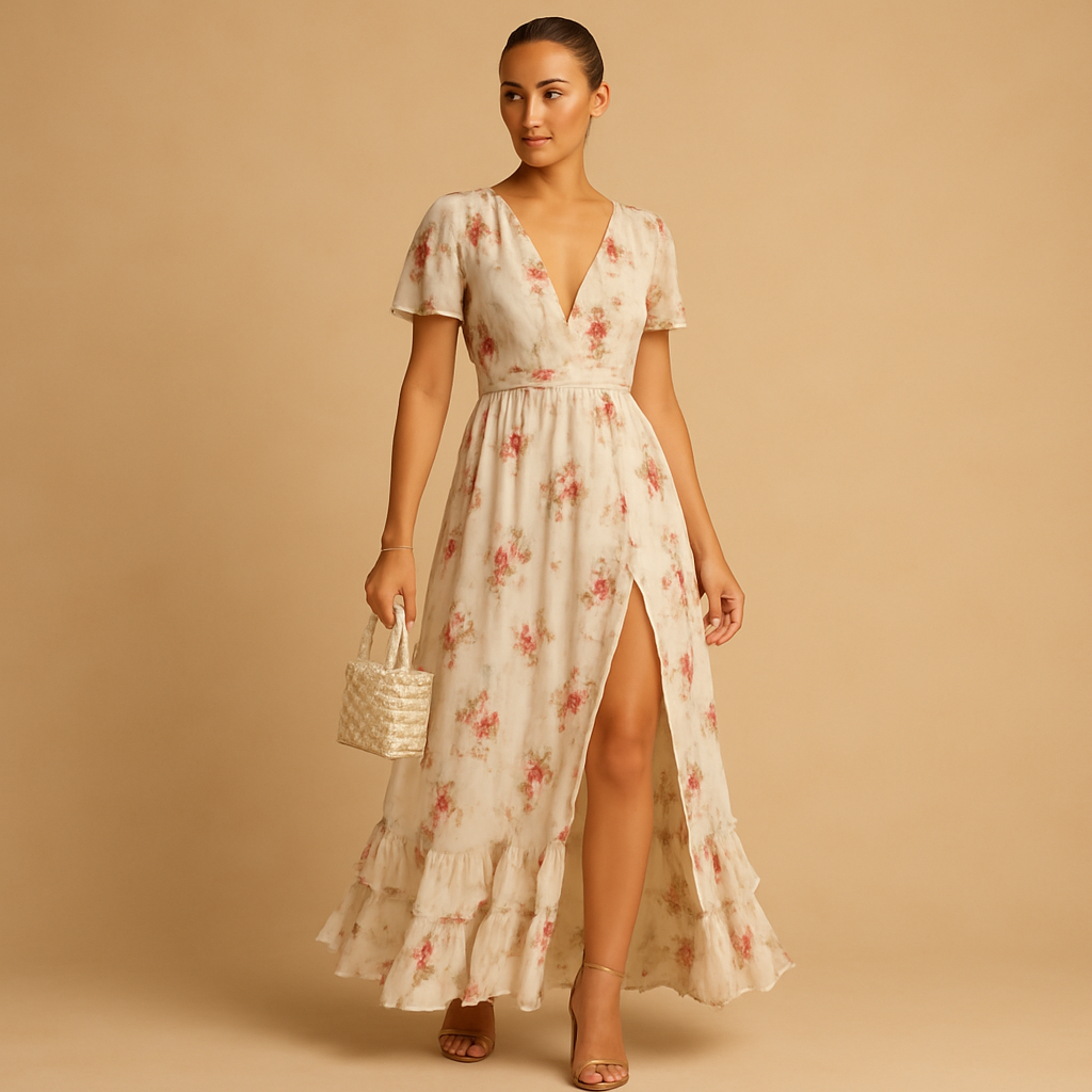 Women’s floral lace midi dress with elegant design, perfect for weddings, cocktail parties, and formal occasions.