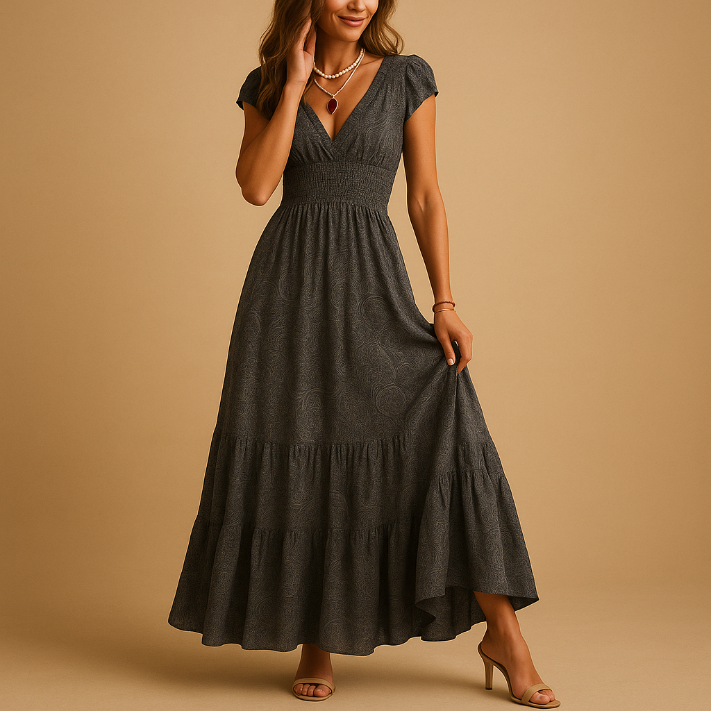 Women’s floral maxi dress with a ruffle collar and flattering fit, perfect for parties, dinners, and elegant everyday wear.