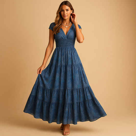 Women's Floral Maxi Dress Ruffle Collar Fit - Vonnera