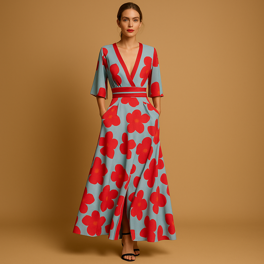 Women’s floral maxi dress with deep V-neck, flowing skirt and practical pockets, ideal for summer outings, parties and evening occasions.