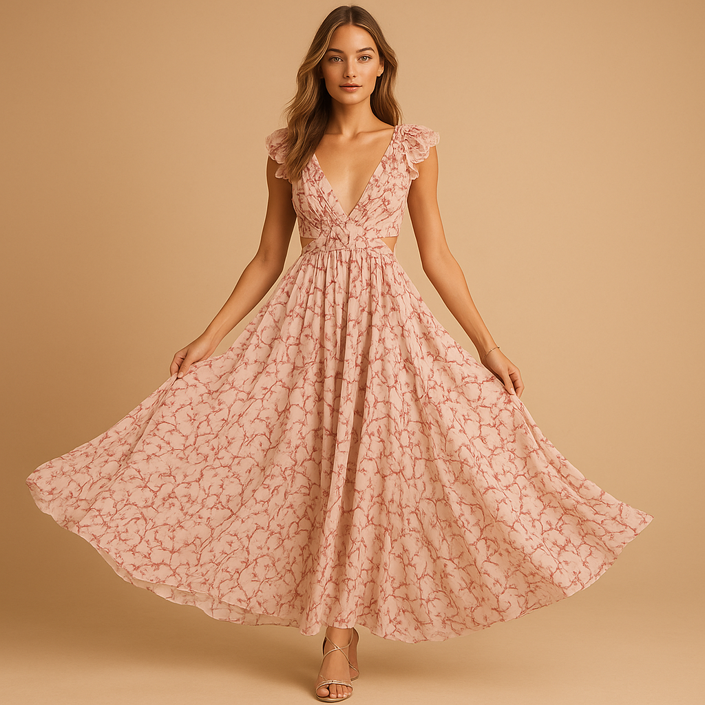 Women’s floral maxi dress with ruffle sleeves, deep V-neck and high slit, perfect for summer weddings, parties and evening events.