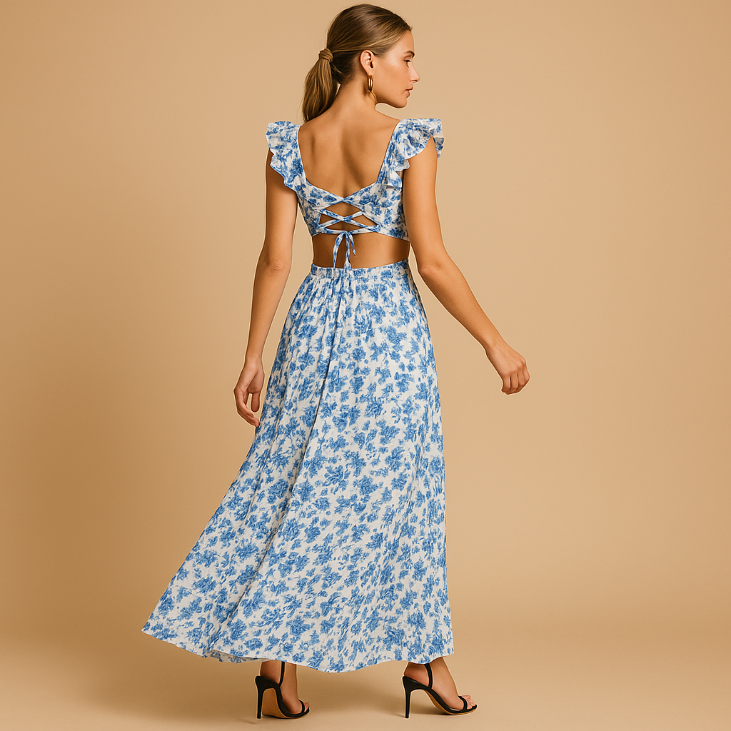 Women’s floral maxi dress with ruffle sleeves, deep V-neck and high slit, perfect for summer weddings, parties and evening events.
