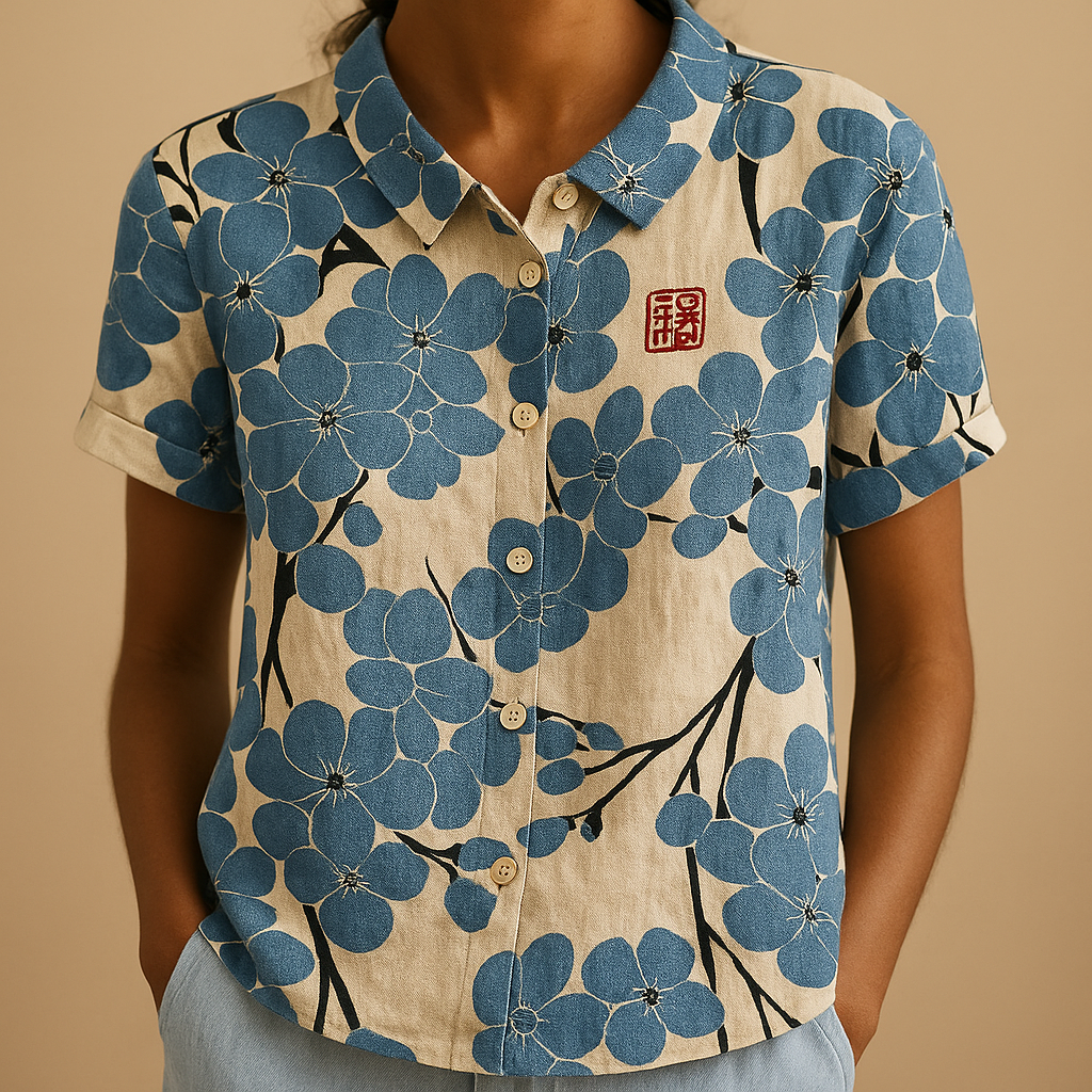 Women’s airy floral print blouse with a loose fit and breathable design, ideal for casual wear on warm days indoors or outdoors.