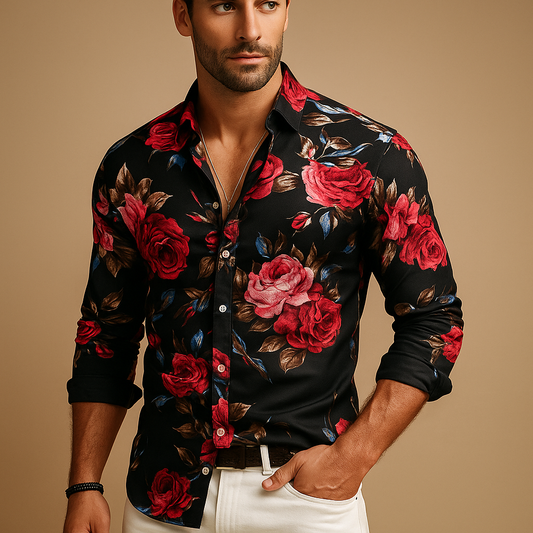 Floral print button-up shirt for men with a modern comfortable fit, ideal for casual outfits, parties, and stylish everyday wear.