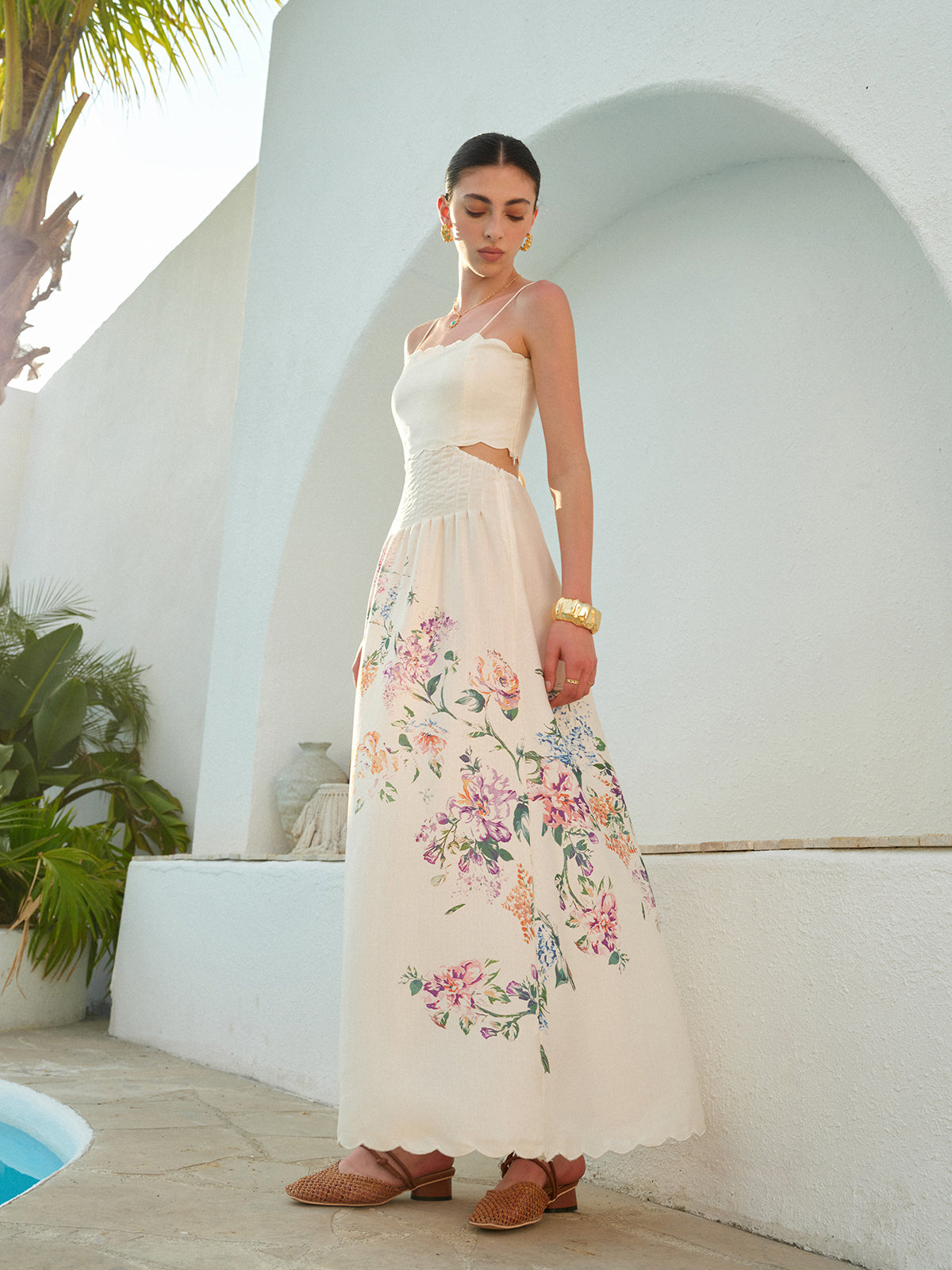 Women's Floral Maxi Sundress Cutout Waist Scallop Hem - Vonnera