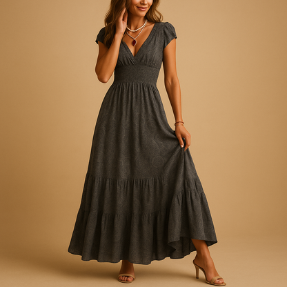 Women’s floral print maxi dress with ruffle collar and flattering waistline, perfect for parties, dinners, and elegant everyday occasions.