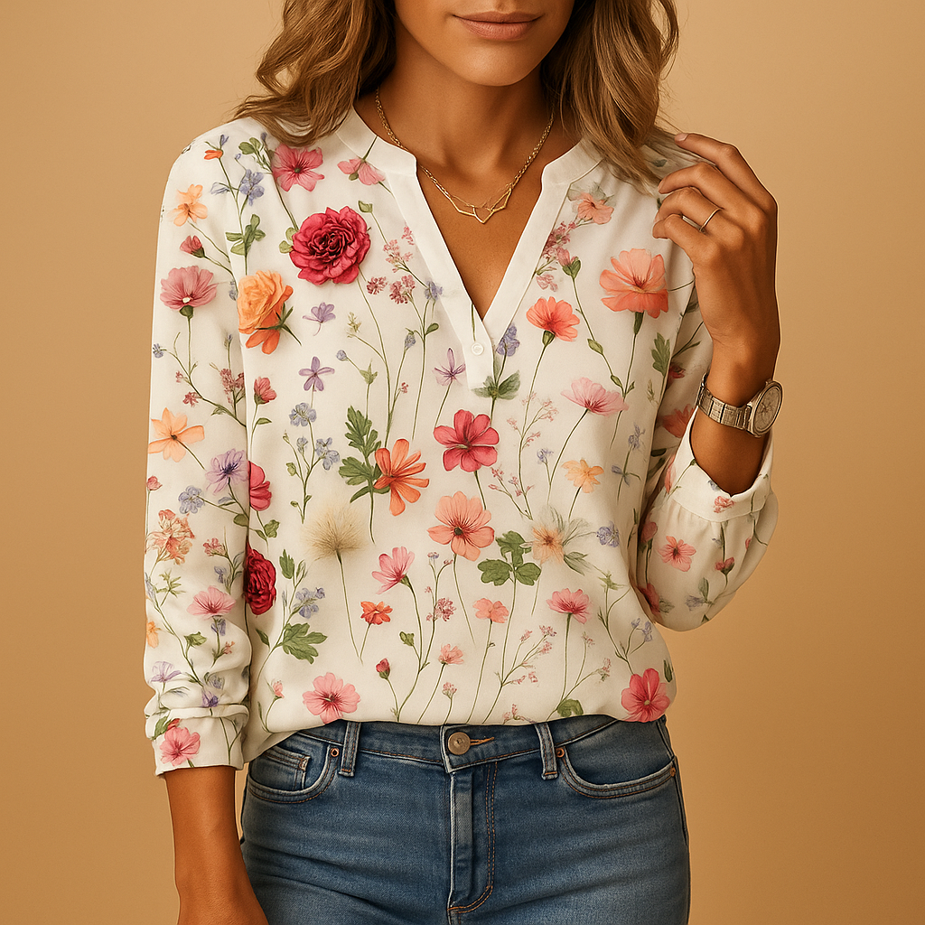 Women's V-Neck Blouse Floral Print Long Sleeve - Vonnera