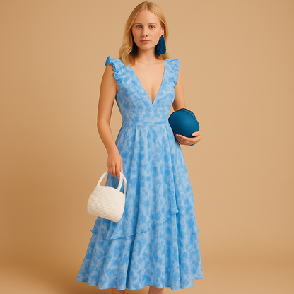Women’s floral ruffle maxi dress with deep v-neck, high slit, and waist cut-out, perfect for parties, summer weddings, and special occasions.