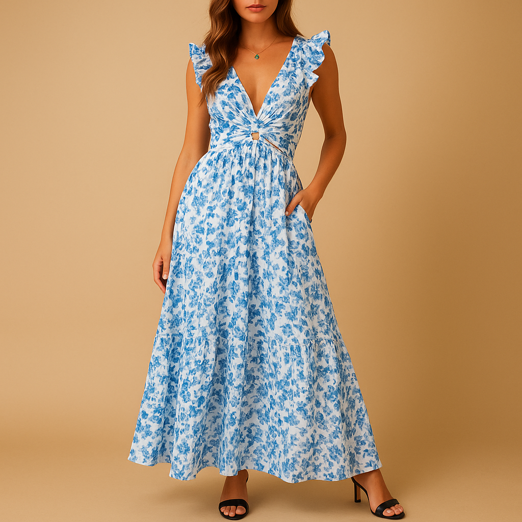 Women’s floral ruffle maxi dress with deep v-neck, high slit, and waist cut-out, perfect for parties, summer weddings, and special occasions.