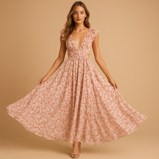 Women's Floral Ruffle Maxi Dress Deep V-Neck - Vonnera