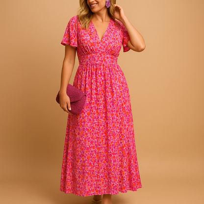 Women’s floral v-neck maxi summer dress with a flowing fit and multicolor print, perfect for holidays, beach days, and evening outings.