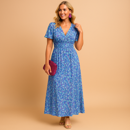 Women’s floral v-neck maxi summer dress with a flowing fit and multicolor print, perfect for holidays, beach days, and evening outings.
