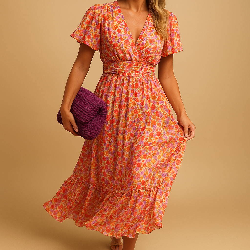 Women’s floral v-neck maxi summer dress with a flowing fit and multicolor print, perfect for holidays, beach days, and evening outings.