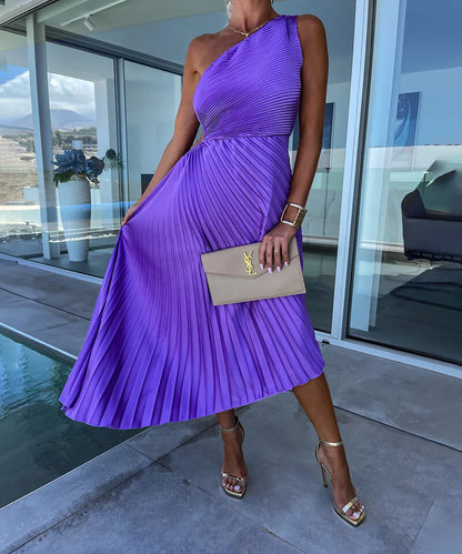 Women's One Shoulder Midi Dress Asymmetric Evening Wear