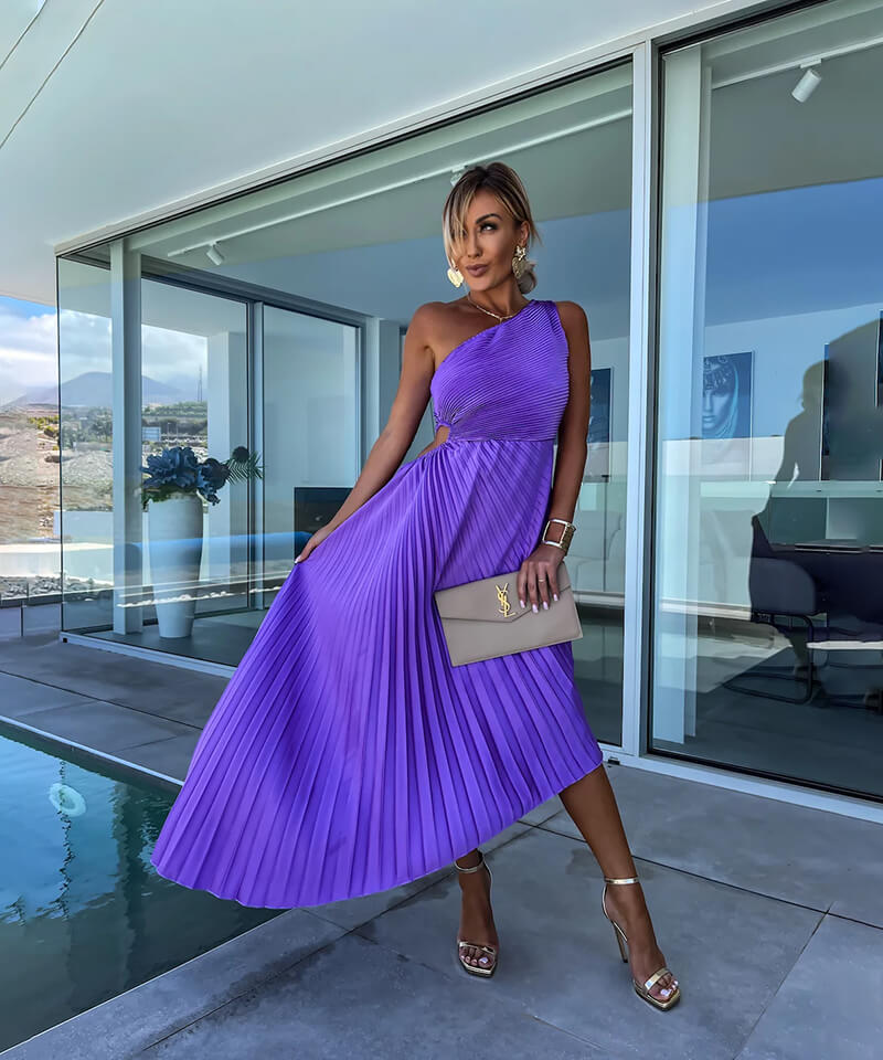 Women's One Shoulder Midi Dress Asymmetric Evening Wear