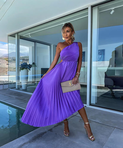 Women's One Shoulder Midi Dress Asymmetric Evening Wear