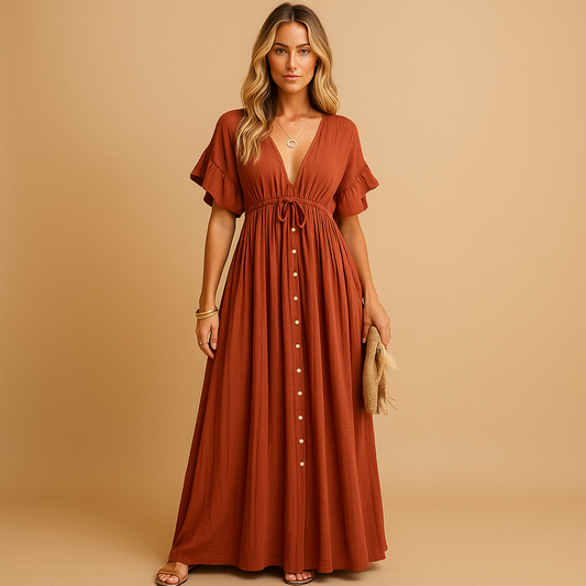 Flowy beach cover up dress for women in orange cotton blend fabric, ideal for wearing over swimwear at the beach, pool, or during summer vacations.