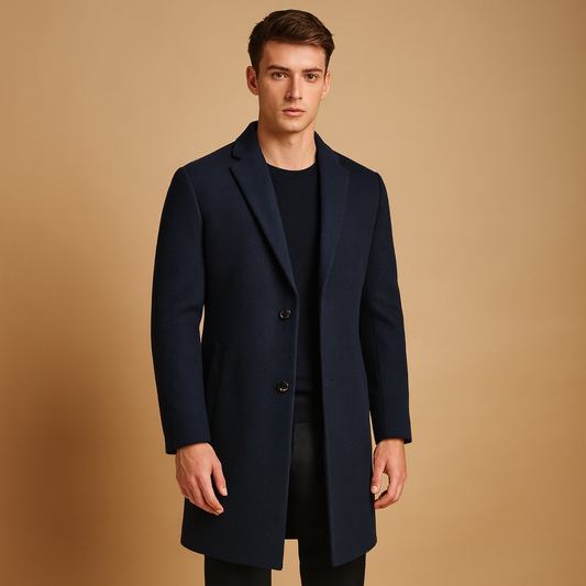 Men’s formal long winter coat with classic design and warm, wind-resistant protection, suitable for business, formal occasions, and daily wear.
